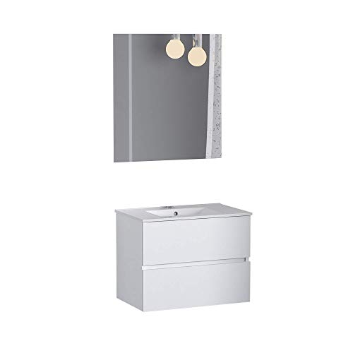 Baikal, Conjunto de baño Natura. Mueble de Baño de Fondo Reducido, con Lavabo cerámico. Distribución Dos Cajones. Mueble MONTADO. Dos Cajones con Espejo. Fondo 36cm 60 cm Blanco