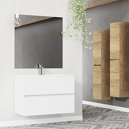 Baikal, Conjunto de baño Natura. Mueble de Baño de Fondo Reducido, con Lavabo cerámico. Distribución Dos Cajones. Mueble MONTADO. Dos Cajones sin Espejo. Fondo 39cm 90 cm Blanco