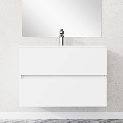 Baikal, Conjunto de baño Natura. Mueble de Baño de Fondo Reducido, con Lavabo cerámico. Distribución Dos Cajones. Mueble MONTADO. Dos Cajones sin Espejo. Fondo 39cm 90 cm Blanco