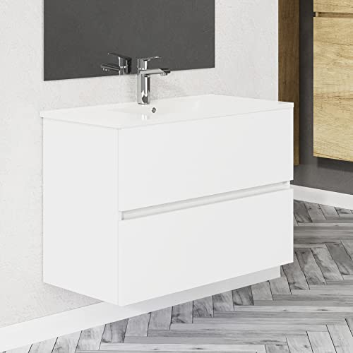 Baikal, Conjunto de baño Natura. Mueble de Baño de Fondo Reducido, con Lavabo cerámico. Distribución Dos Cajones. Mueble MONTADO. Dos Cajones sin Espejo. Fondo 39cm 90 cm Blanco