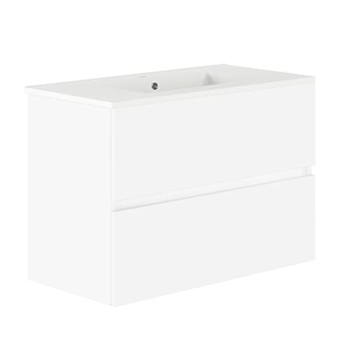 Baikal, Conjunto de baño Natura. Mueble de Baño de Fondo Reducido, con Lavabo cerámico. Distribución Dos Cajones. Mueble MONTADO. Dos Cajones sin Espejo. Fondo 39cm 90 cm Blanco