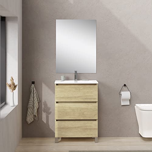 Baikal, Conjunto de baño Natura. Mueble de Baño de Fondo Reducido, con Lavabo cerámico. Distribución Tres Cajones. Mueble MONTADO. Tres Cajones con Espejo. Fondo 36cm 60 cm Nature