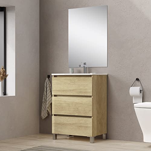 Baikal, Conjunto de baño Natura. Mueble de Baño de Fondo Reducido, con Lavabo cerámico. Distribución Tres Cajones. Mueble MONTADO. Tres Cajones con Espejo. Fondo 36cm 60 cm Nature