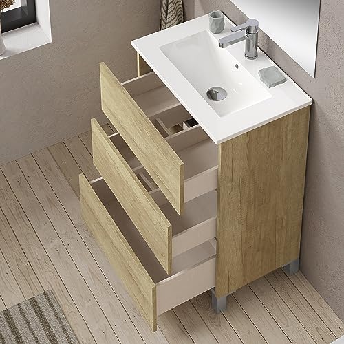 Baikal, Conjunto de baño Natura. Mueble de Baño de Fondo Reducido, con Lavabo cerámico. Distribución Tres Cajones. Mueble MONTADO. Tres Cajones con Espejo. Fondo 36cm 60 cm Nature