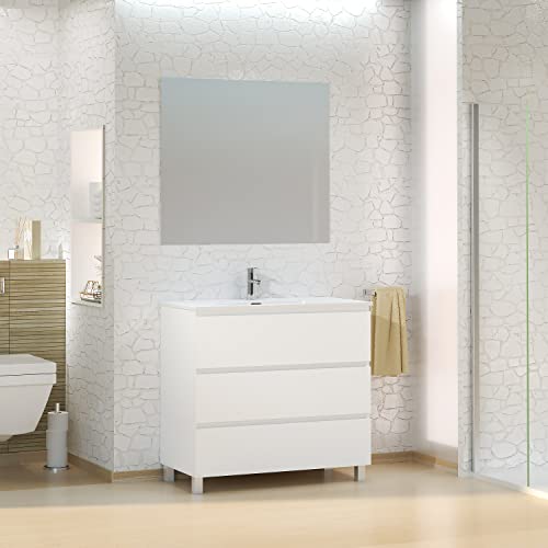 Baikal Conjunto de Mueble de Baño Neo con Espejo Luna Lisa, Tres Cajones o Dos Puertas, Mueble con Patas. Varios Acabados y Medidas. Melamina 16mm. Mueble MONTADO. 3c 90 Blanco