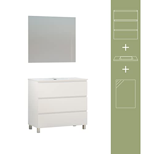 Baikal Conjunto de Mueble de Baño Neo con Espejo Luna Lisa, Tres Cajones o Dos Puertas, Mueble con Patas. Varios Acabados y Medidas. Melamina 16mm. Mueble MONTADO. 3c 90 Blanco