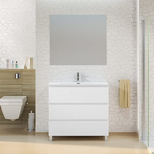 Baikal Conjunto de Mueble de Baño Neo con Espejo Luna Lisa, Tres Cajones o Dos Puertas, Mueble con Patas. Varios Acabados y Medidas. Melamina 16mm. Mueble MONTADO. 3c 90 Blanco