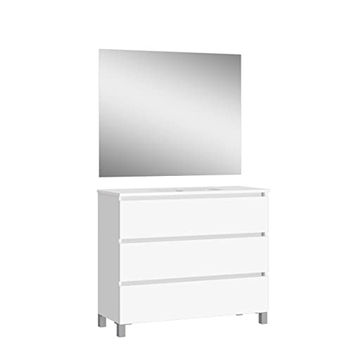 Baikal Conjunto de Mueble de Baño Neo con Espejo Luna Lisa, Tres Cajones o Dos Puertas, Mueble con Patas. Varios Acabados y Medidas. Melamina 16mm. Mueble MONTADO. 3c 90 Blanco