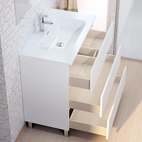 Baikal Conjunto de Mueble de Baño Neo con Espejo Luna Lisa, Tres Cajones o Dos Puertas, Mueble con Patas. Varios Acabados y Medidas. Melamina 16mm. Mueble MONTADO. 3c 90 Blanco