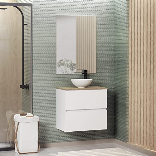 Baikal Conjunto de Mueble de Baño Ness, Especial para baños pequeños. Mueble de Fondo Reducido en 36cm, Incluye Lavabo Cerámico. Mueble MONTADO. Dos Cajones 60 cm Blanco