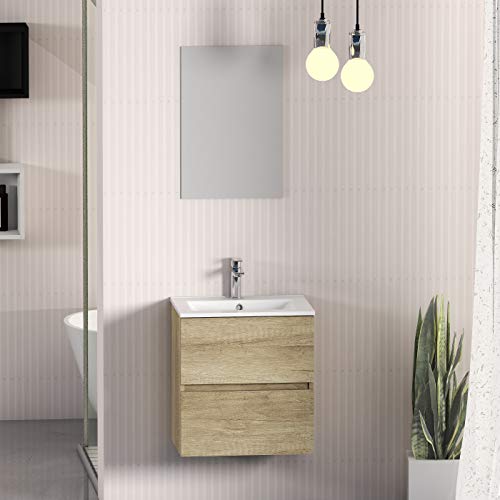 Baikal Conjunto de Mueble de Baño suspendido a la Pared con Fondo Reducido, Melamina 16. Mueble MONTADO Moderno 50 Nature