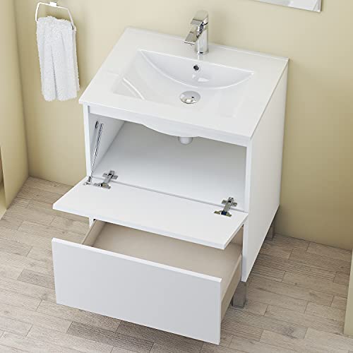 Baikal Conjunto Mueble de Baño con Lavabo y Espejo, con Patas, en Varios Acabados, Melamina 16. Puerta + Cajón 60 cm Blanco