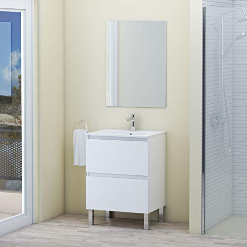 Baikal Conjunto Mueble de Baño con Lavabo y Espejo, con Patas, en Varios Acabados, Melamina 16. Puerta + Cajón 60 cm Blanco