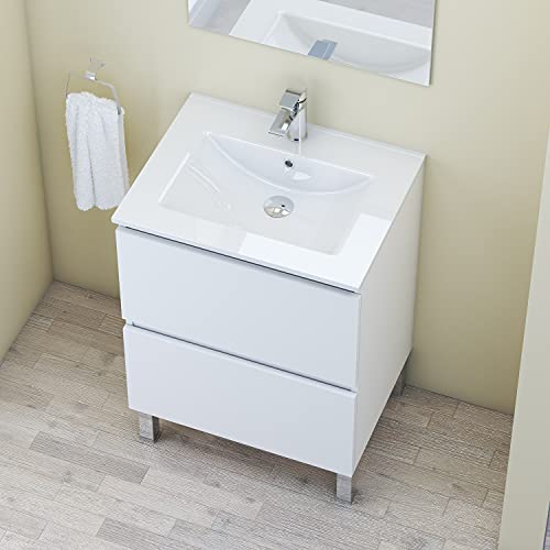 Baikal Conjunto Mueble de Baño con Lavabo y Espejo, con Patas, en Varios Acabados, Melamina 16. Puerta + Cajón 60 cm Blanco