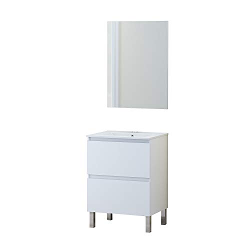 Baikal Conjunto Mueble de Baño con Lavabo y Espejo, con Patas, en Varios Acabados, Melamina 16. Puerta + Cajón 60 cm Blanco