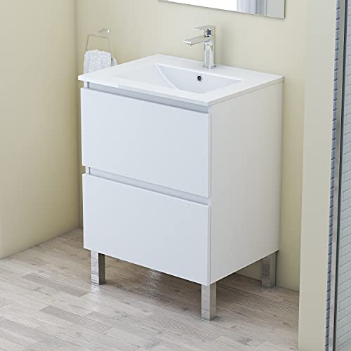 Baikal Conjunto Mueble de Baño con Lavabo y Espejo, con Patas, en Varios Acabados, Melamina 16. Puerta + Cajón 60 cm Blanco