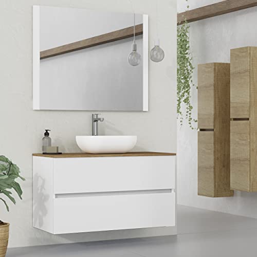 Baikal Modular Mueble de Baño de 2 Cajones, Suspendido en Pared, Módulo de Baño, en Melamina 16mm. Mueble MONTADO. Combinable con Cualquier Top Mueble 2 Cajones 90 cm Blanco