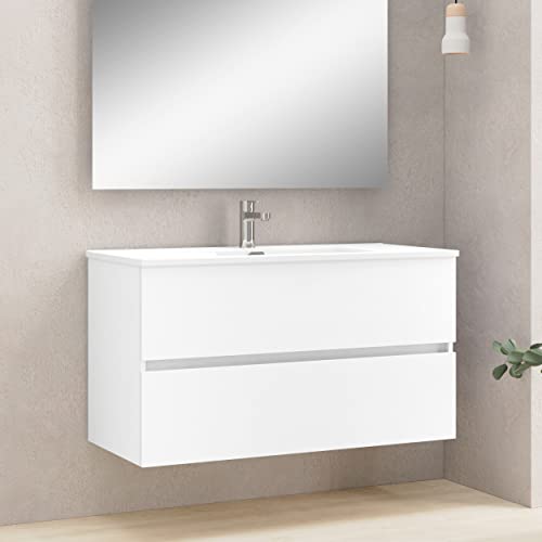 Baikal Mueble de Baño Dos cajones, suspendido a la Pared con Lavabo. Melamina 16. Mueble montado. Mueble de 100cm Blanco con Espejo Luna Lisa