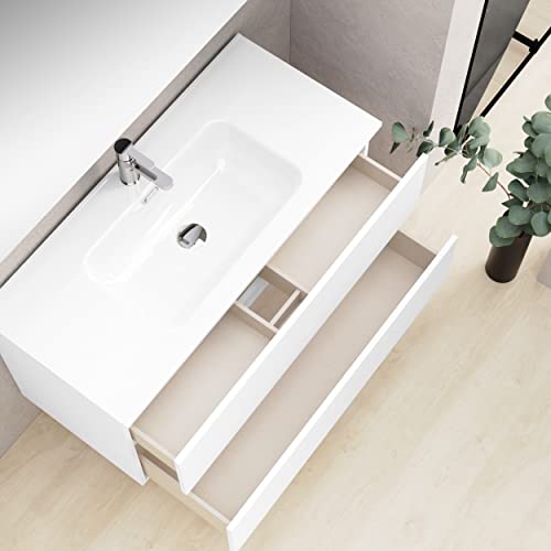 Baikal Mueble de Baño Dos cajones, suspendido a la Pared con Lavabo. Melamina 16. Mueble montado. Mueble de 100cm Blanco con Espejo Luna Lisa