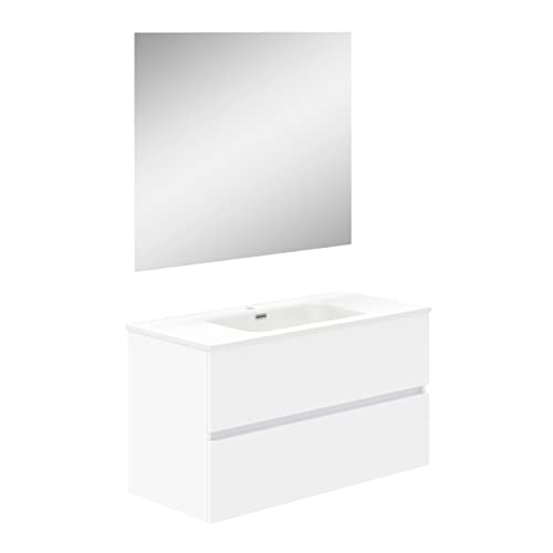 Baikal Mueble de Baño Dos cajones, suspendido a la Pared con Lavabo. Melamina 16. Mueble montado. Mueble de 100cm Blanco con Espejo Luna Lisa