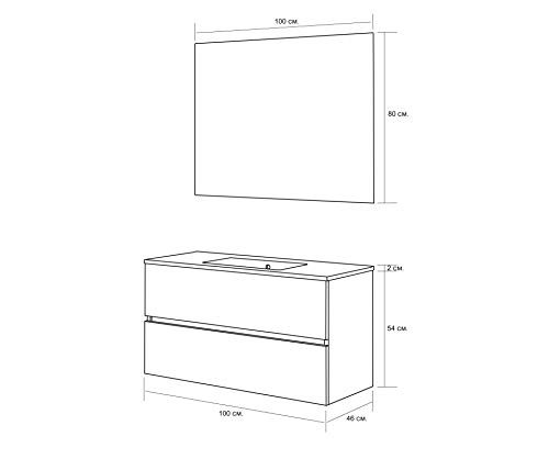 Baikal Mueble de Baño Dos cajones, suspendido a la Pared con Lavabo. Melamina 16. Mueble montado. Mueble de 100cm Blanco con Espejo Luna Lisa