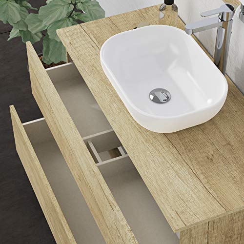 Baikal Mueble de Baño Onyx, 2 cajones, suspendido en Pared, con Lavabo cerámico. Mueble Montado, Melamina 16,Mueble F46 + Top + Lavabo + Espejo 100 cm Nature