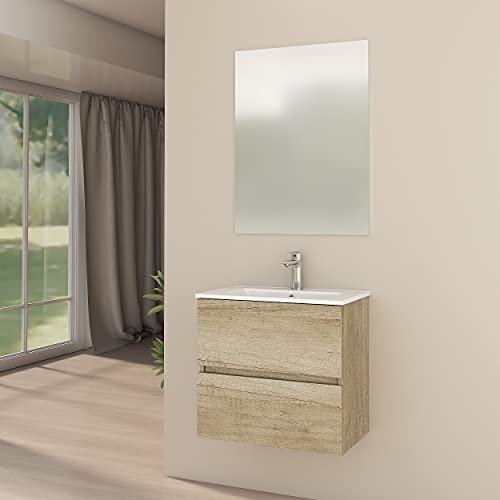 Baikal Mueble de Baño Onyx. Suspendido en Pared, con Lavabo cerámico. Varios Acabados y Medidas. Mueble Montado. 2 CAJONES 50 Nature