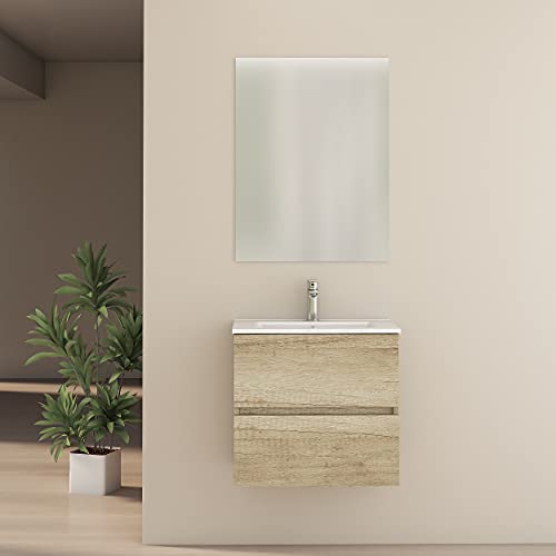 Baikal Mueble de Baño Onyx. Suspendido en Pared, con Lavabo cerámico. Varios Acabados y Medidas. Mueble Montado. 2 CAJONES 50 Nature