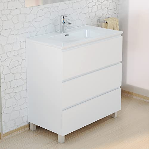 Baikal Mueble de Baño TRIX. Mueble 3 cajones, con Patas. Varios Acabados y Medidas. Mueble Montado. 3 Cajones 80 cm Blanco