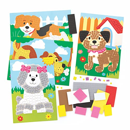 Baker Ross FE582 Kits Mosaicos de Perro - Paquete de 4, mosaicos de artes y manualidades, kits de mosaicos para niños, actividades creativas para niños