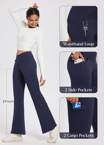 BALEAF Pantalones con forro polar para mujer, impermeables, cruzados, con bolsillos, térmicos, para invierno, yoga, cintura alta, con bolsillos, azul marino, XS