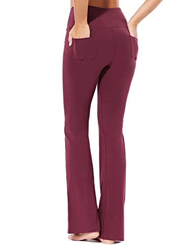 BALEAF Pantalones de yoga de algodón para mujer, cintura alta, cómodos, suaves, acampanados, con bolsillos, Suave y cómodo borgoña, X-Small