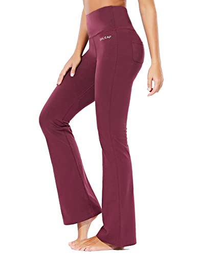 BALEAF Pantalones de yoga de algodón para mujer, cintura alta, cómodos, suaves, acampanados, con bolsillos, Suave y cómodo borgoña, X-Small