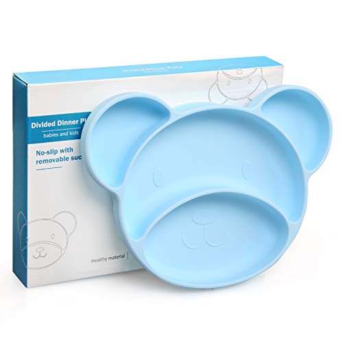 Ballery Plato Bebe Ventosa, Platos de Silicona para Bebé Antideslizante Plato Silicona para Infantil Plato de Alimentación para Tronas y Sillines Seguro en Lavavajillas/Microondas (Azul)