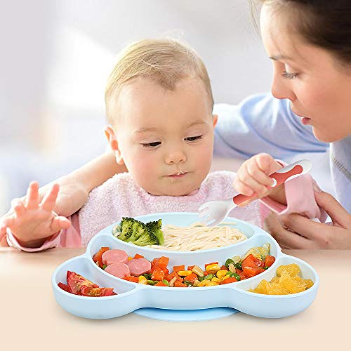 Ballery Plato Bebe Ventosa, Platos de Silicona para Bebé Antideslizante Plato Silicona para Infantil Plato de Alimentación para Tronas y Sillines Seguro en Lavavajillas/Microondas (Azul)