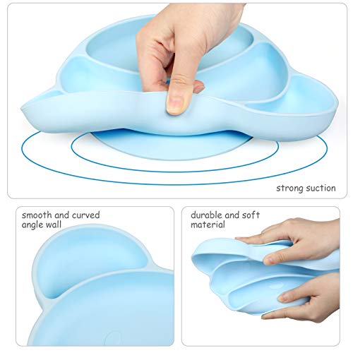 Ballery Plato Bebe Ventosa, Platos de Silicona para Bebé Antideslizante Plato Silicona para Infantil Plato de Alimentación para Tronas y Sillines Seguro en Lavavajillas/Microondas (Azul)