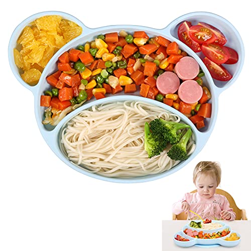 Ballery Plato Bebe Ventosa, Platos de Silicona para Bebé Antideslizante Plato Silicona para Infantil Plato de Alimentación para Tronas y Sillines Seguro en Lavavajillas/Microondas (Azul)