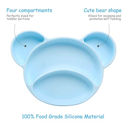 Ballery Plato Bebe Ventosa, Platos de Silicona para Bebé Antideslizante Plato Silicona para Infantil Plato de Alimentación para Tronas y Sillines Seguro en Lavavajillas/Microondas (Azul)