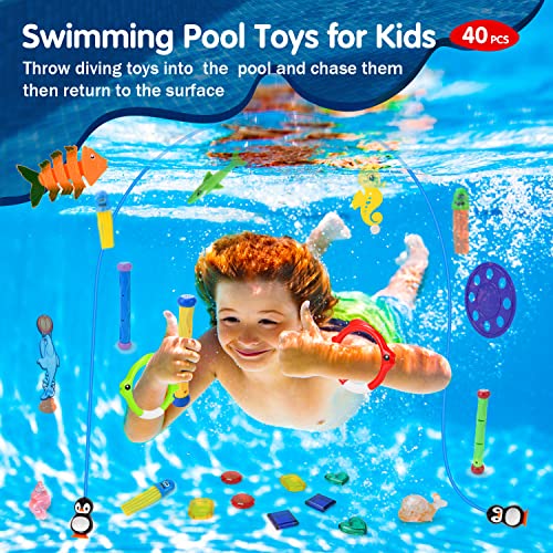 balnore Juguetes de Buceo, 40PCS Juegos de Agua con Puerta de Buceo Anillo de Buceo Bandidos Torpedo Juegos de Piscina para Niños con Bolsa de Transporte Juguetes de Entrenamiento para Piscina