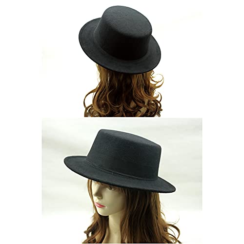 Bamboopack Gorra negra elegante de mezcla Fedora con ala plana para iglesia Derby para actuaciones, fiestas, espectáculos, cosplay, boda, vida diaria