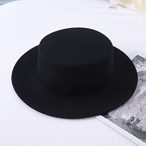 Bamboopack Gorra negra elegante de mezcla Fedora con ala plana para iglesia Derby para actuaciones, fiestas, espectáculos, cosplay, boda, vida diaria