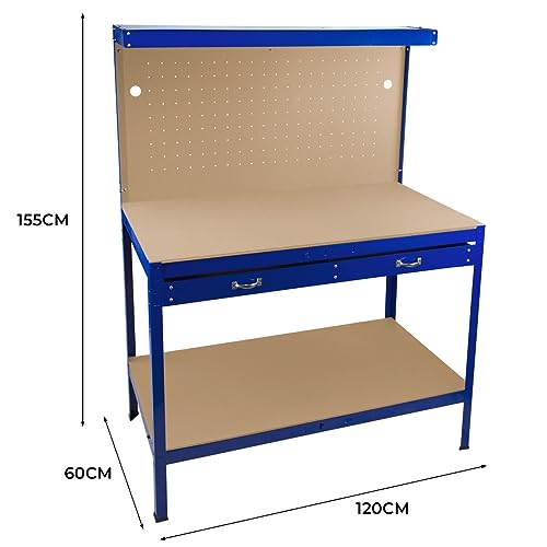 Banco de Trabajo Azul con Tablero de Clavijas,Cajón+Luz LED, Mesa de Trabajo Estantes Taller Garaje Bricolaje Almacenamiento Herramientas Capacidad Peso 370kg | 40 Ganchos+Mazo de Goma | 60x155x120cm