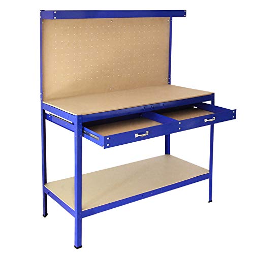 Banco de Trabajo Azul Metal 155x120x60cm+Tablero de Clavijas+Cajón Capacidad Peso 200kg Mesa de Trabajo Metálica Metálico Almacenamiento Herramientas Taller Garaje Bricolaje Mazo+40 Ganchos Gratis