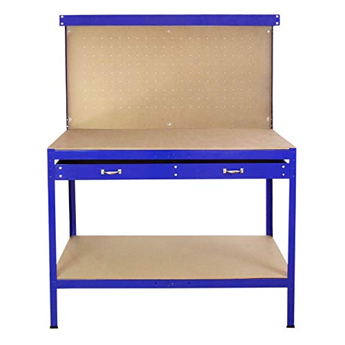 Banco de Trabajo Azul Metal 155x120x60cm+Tablero de Clavijas+Cajón Capacidad Peso 200kg Mesa de Trabajo Metálica Metálico Almacenamiento Herramientas Taller Garaje Bricolaje Mazo+40 Ganchos Gratis