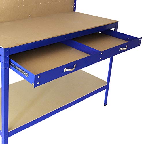 Banco de Trabajo Azul Metal 155x120x60cm+Tablero de Clavijas+Cajón Capacidad Peso 200kg Mesa de Trabajo Metálica Metálico Almacenamiento Herramientas Taller Garaje Bricolaje Mazo+40 Ganchos Gratis