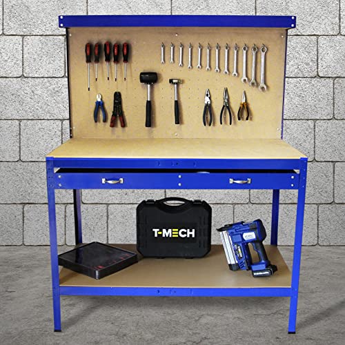 Banco de Trabajo Azul Metal 155x120x60cm+Tablero de Clavijas+Cajón Capacidad Peso 200kg Mesa de Trabajo Metálica Metálico Almacenamiento Herramientas Taller Garaje Bricolaje Mazo+40 Ganchos Gratis