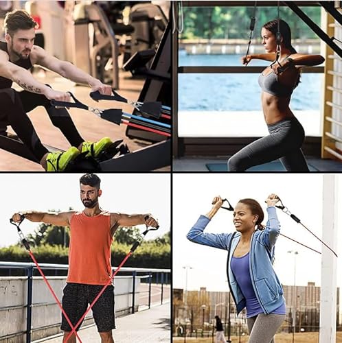 Bandas Elásticas Kit Completo de Entrenamiento, 5 Bandas con Diferentes Niveles de Resistencia con Mangos, Anclaje a Puertas, Correas de Tobillo y Guía de Ejercicios Fitness Estiramiento Yoga, Pilates