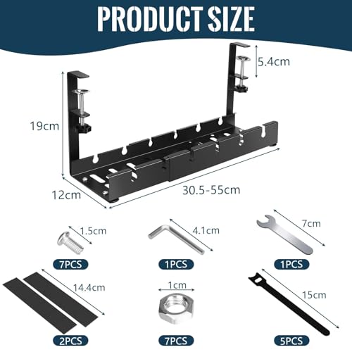 Bandeja Cables Escritorio, Organizador sin Taladros, Retráctil de 30,5 a 55 CM, Cable Management para Hogar y Oficina