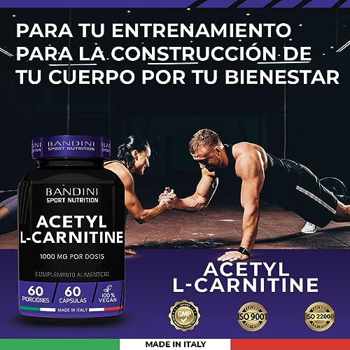 Bandini® Acetil L-CARNITINA 1000 mg por Cápsula (Altamente Dosificado) - Suplemento para Deportistas y Atletas que Practican Actividad Física Intensa - Acetyl L Carnitina de 60 Cápsulas Made in Italy