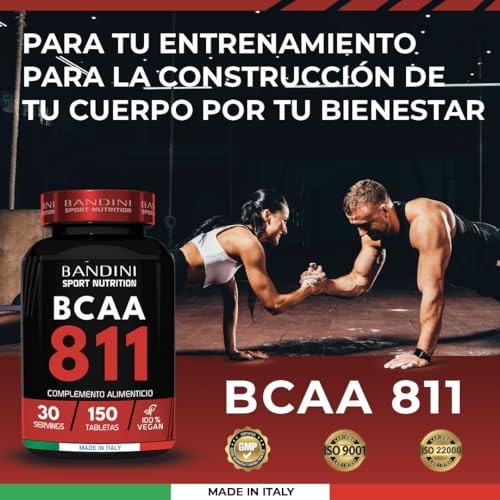 Bandini® BCAA 8.1.1 - Aminoácidos de Cadena Ramificada con Leucina, Isoleucina, Valina y Vitamina B1 y B6 - Sin Lactosa - Vegano - Suplemento Pre y Post Entrenamiento - 150 comprimidos